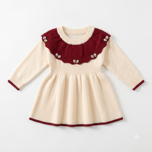 Girls Cream Knit Winter Dress with Burgundy Ruffle Collar