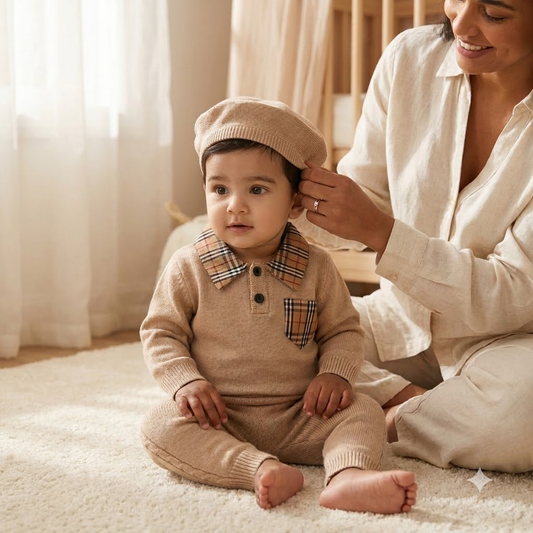 Boys Knit Co-Ord Set with Checkered Collar & Beret