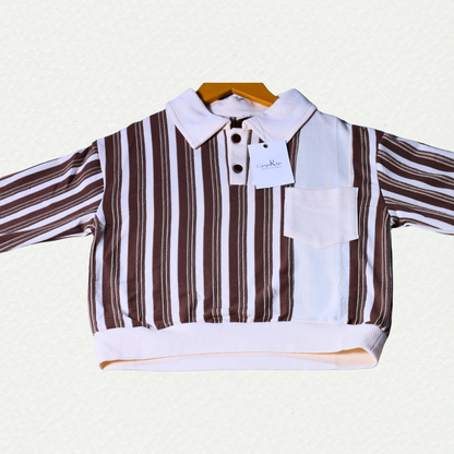 Classic Striped Pocket T-Shirt – White & Brown.