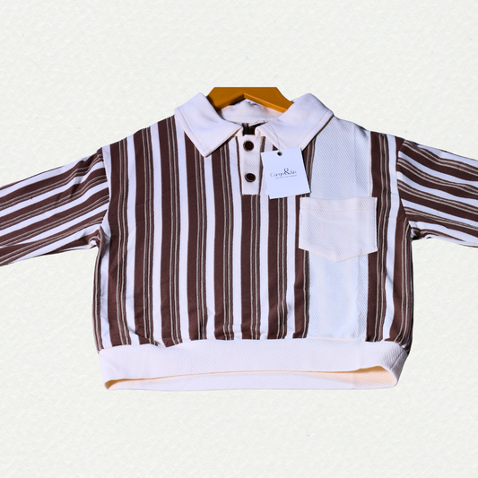 Classic Striped Pocket T-Shirt – White & Brown.