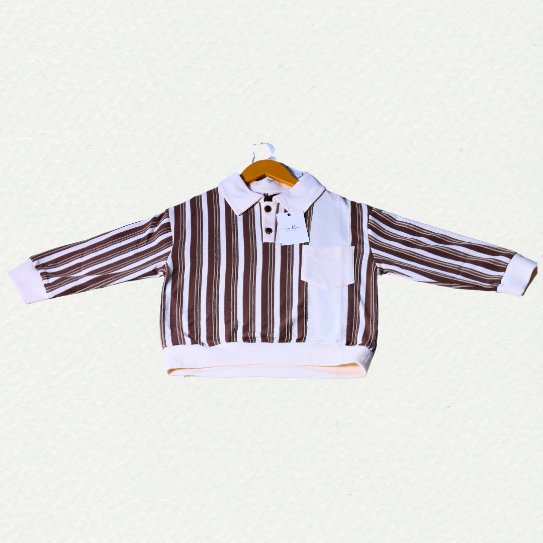 Classic Striped Pocket T-Shirt – White & Brown.