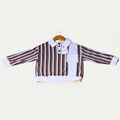 Classic Striped Pocket T-Shirt – White & Brown.