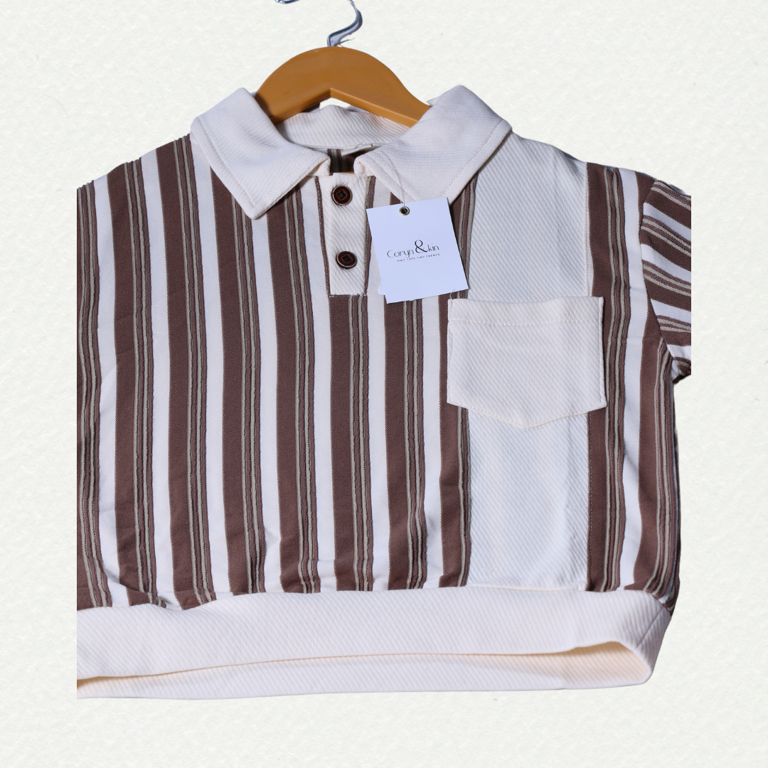 Classic Striped Pocket T-Shirt – White & Brown.