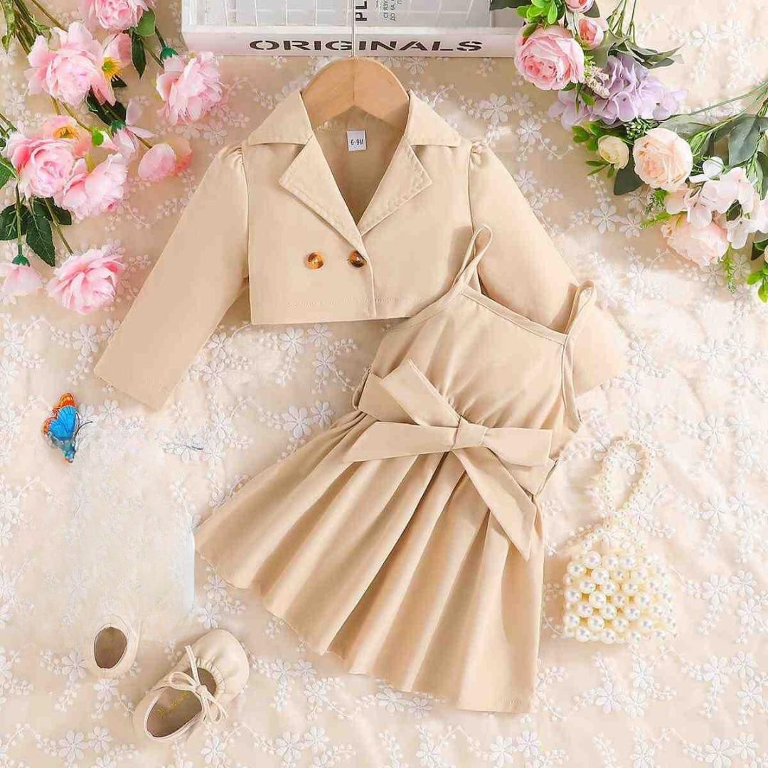 Chic Beige Trench Dress Set for Girls