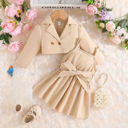 Chic Beige Trench Dress Set for Girls
